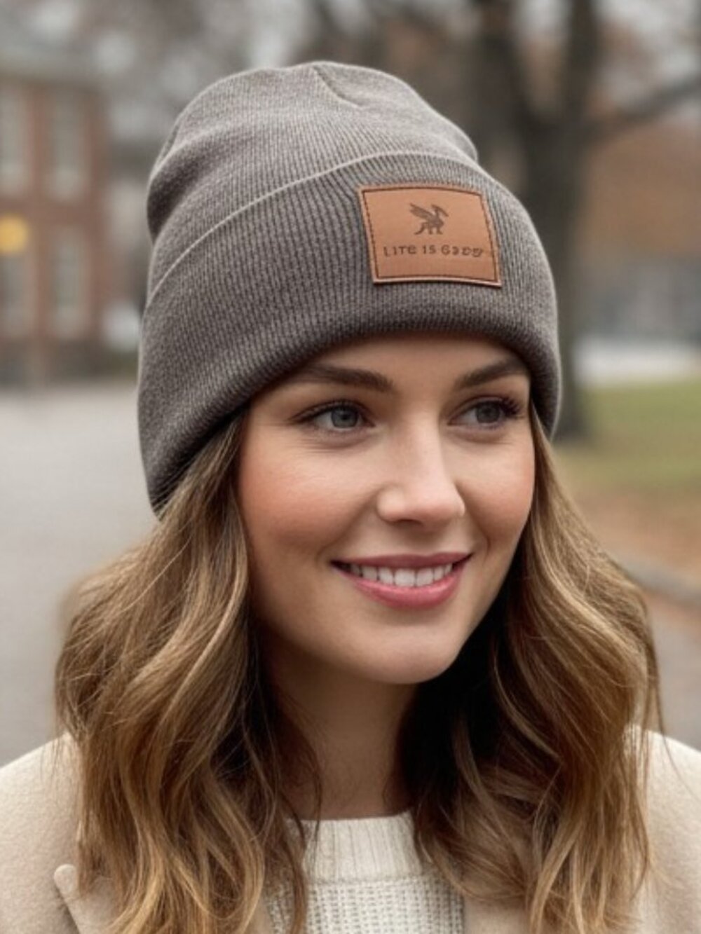 Life is Good Solid Color Cuff Beanie Hat with Patch
